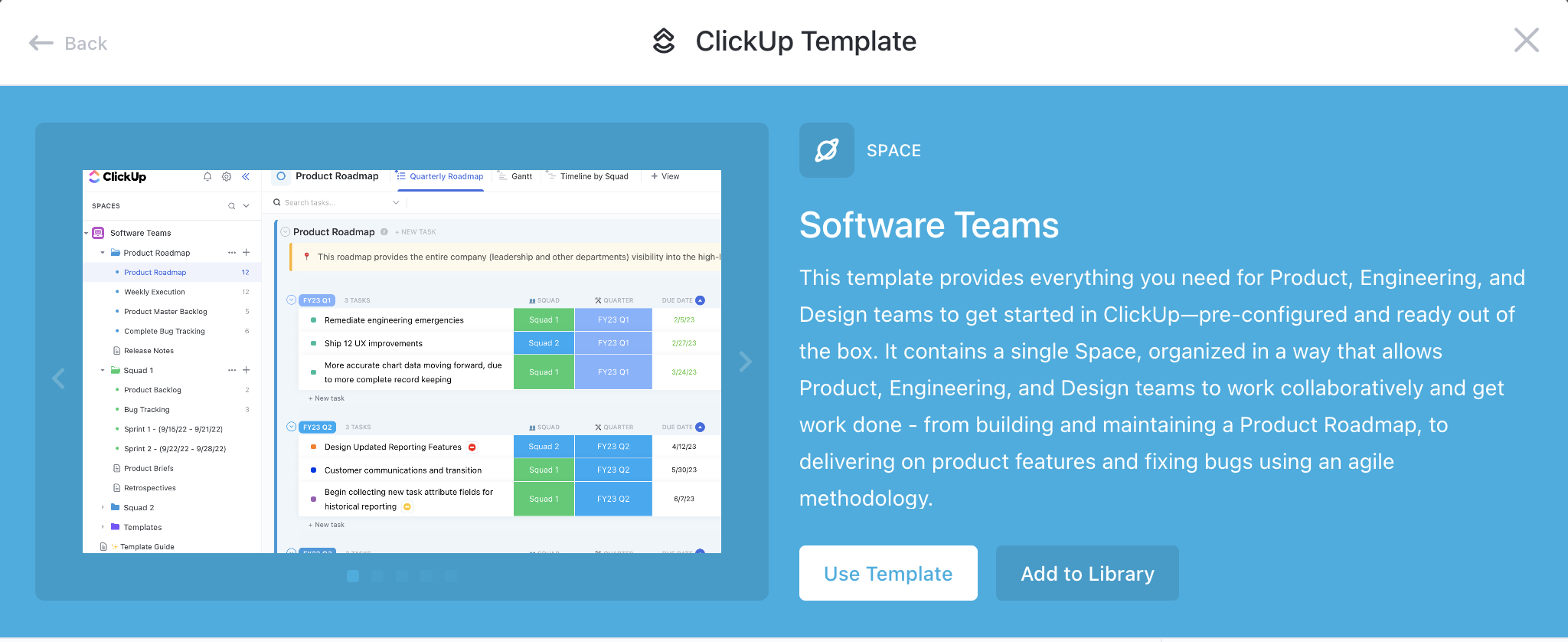 Screenshot of the software teams Space template