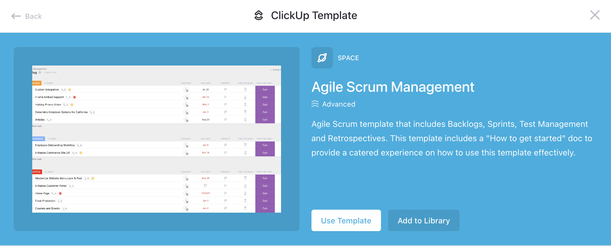 Screenshot of the Agile scrum management space template