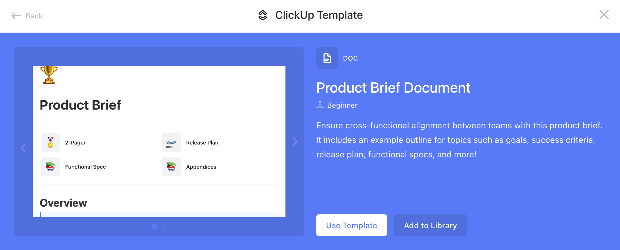 Screenshot of the product brief doc template