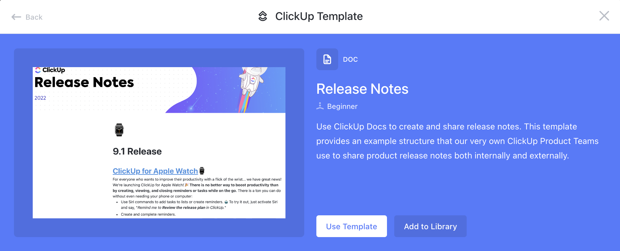 Screenshot of the release note doc template