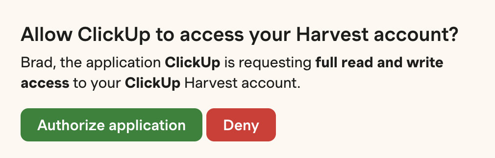 Screenshot of someone authorizing Harvest.