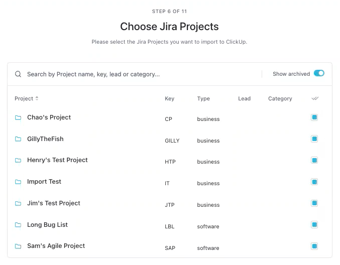 Screenshot of someone selecting which Jira projects to bring into ClickUp with their import.