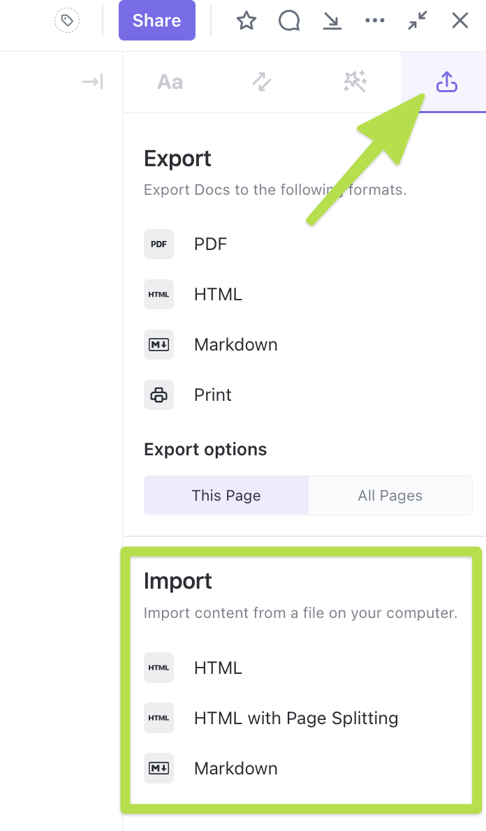 Screenshot of someone importing a file into a ClickUp Doc.