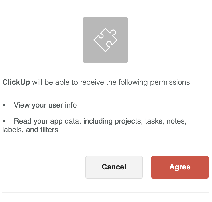 Screenshot of Todoist requesting permissions from ClickUp.