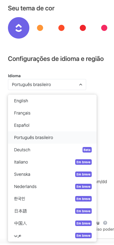 Screenshot of the Language and Region Settings, with Brazilian Portuguese selected.