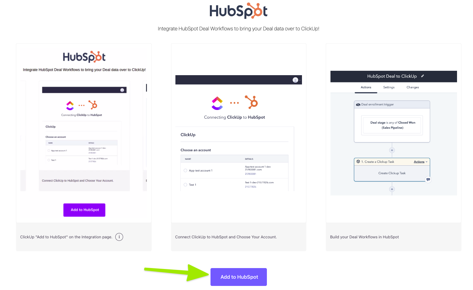 Screenshot of someone adding the HubSpot integration to ClickUp.