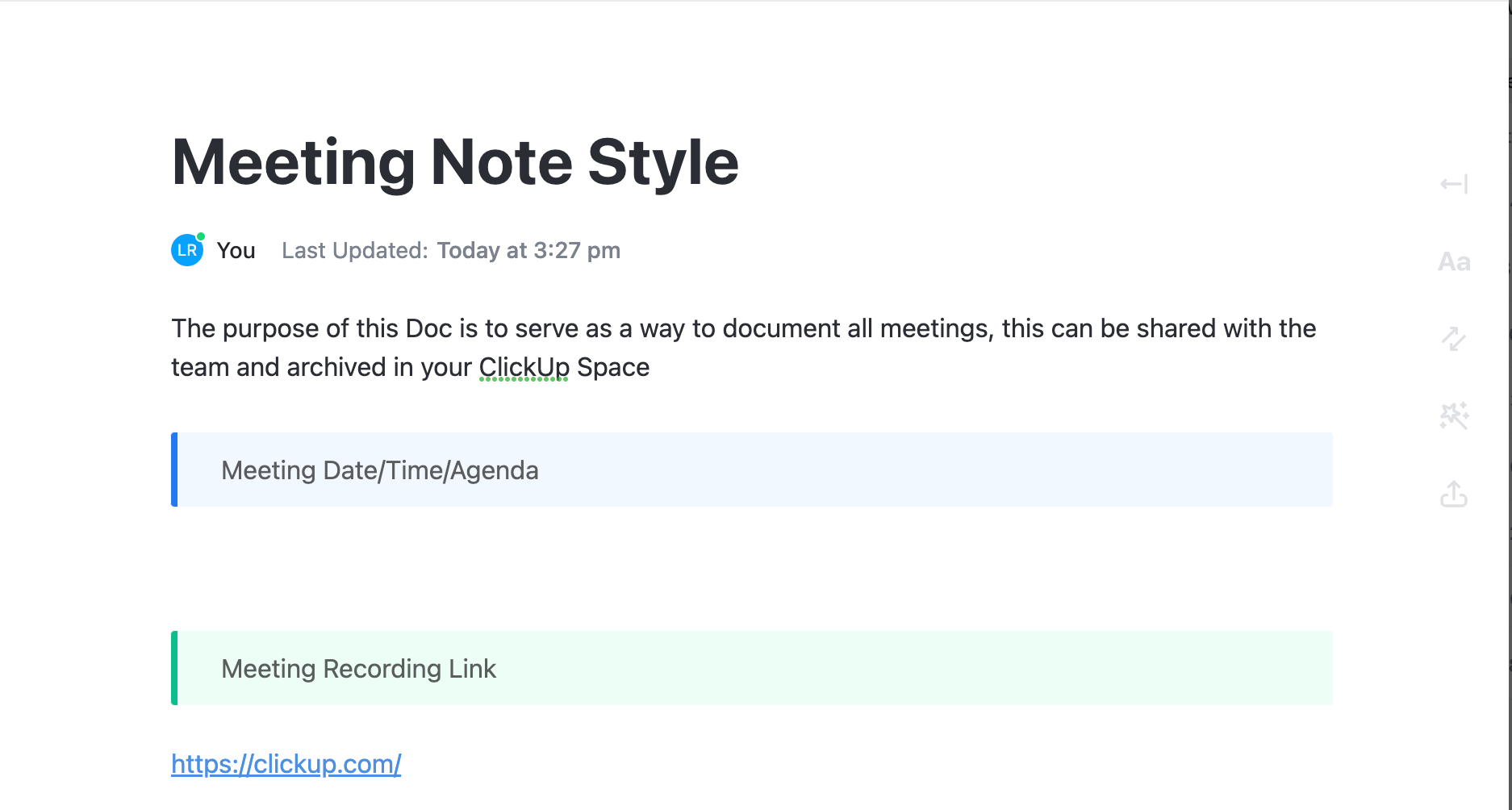 Screenshot of the meeting note style template