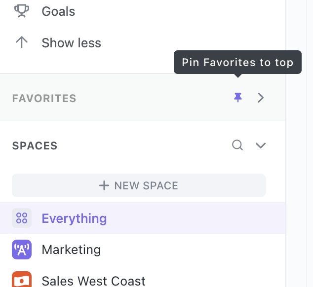 Screenshot of the option to pin Favorites to the top of your Workspace.