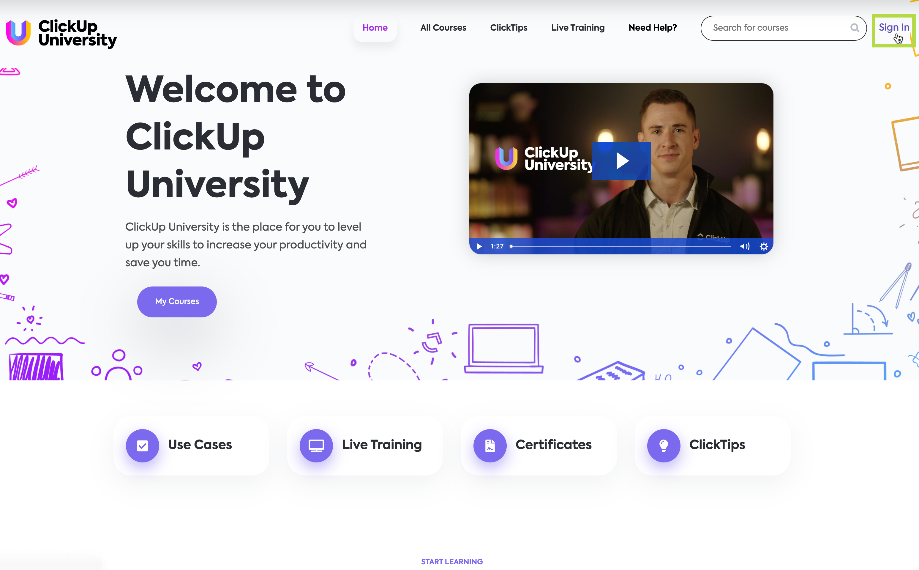 Screenshot of the ClickUp University homepage showing how to sign in.