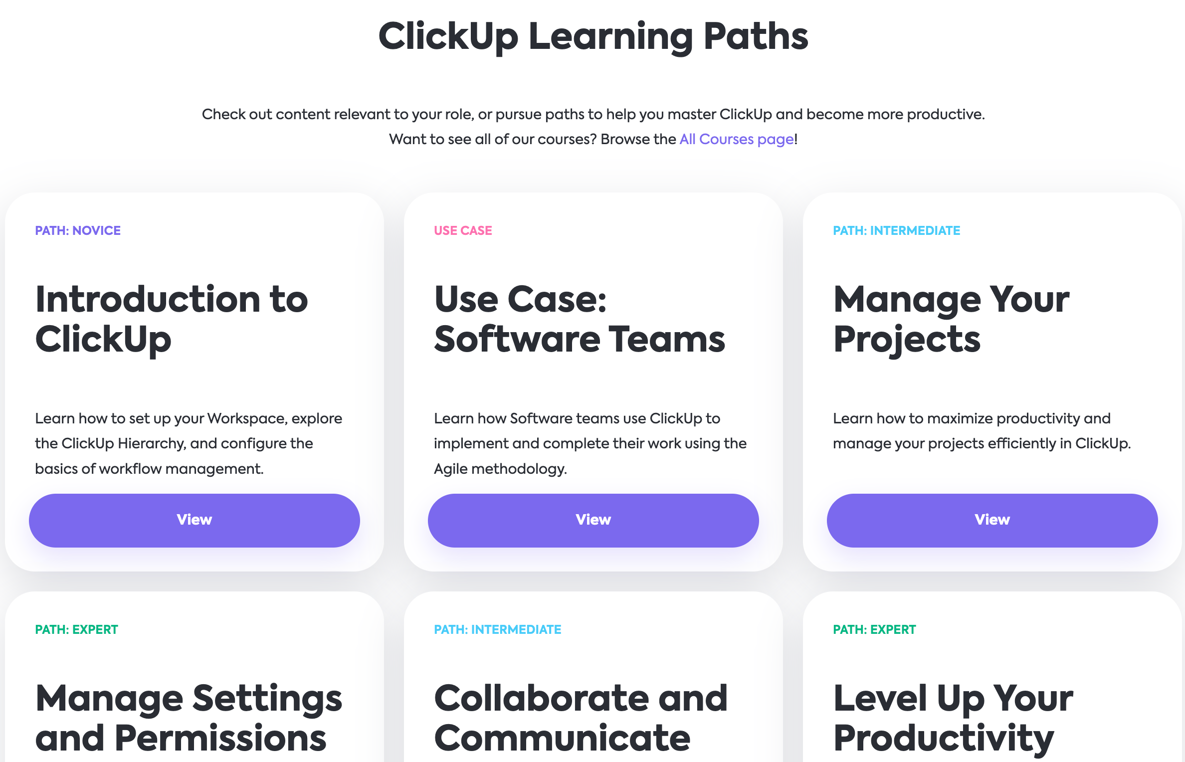 Screenshot of the ClickUp University Learning Paths page.