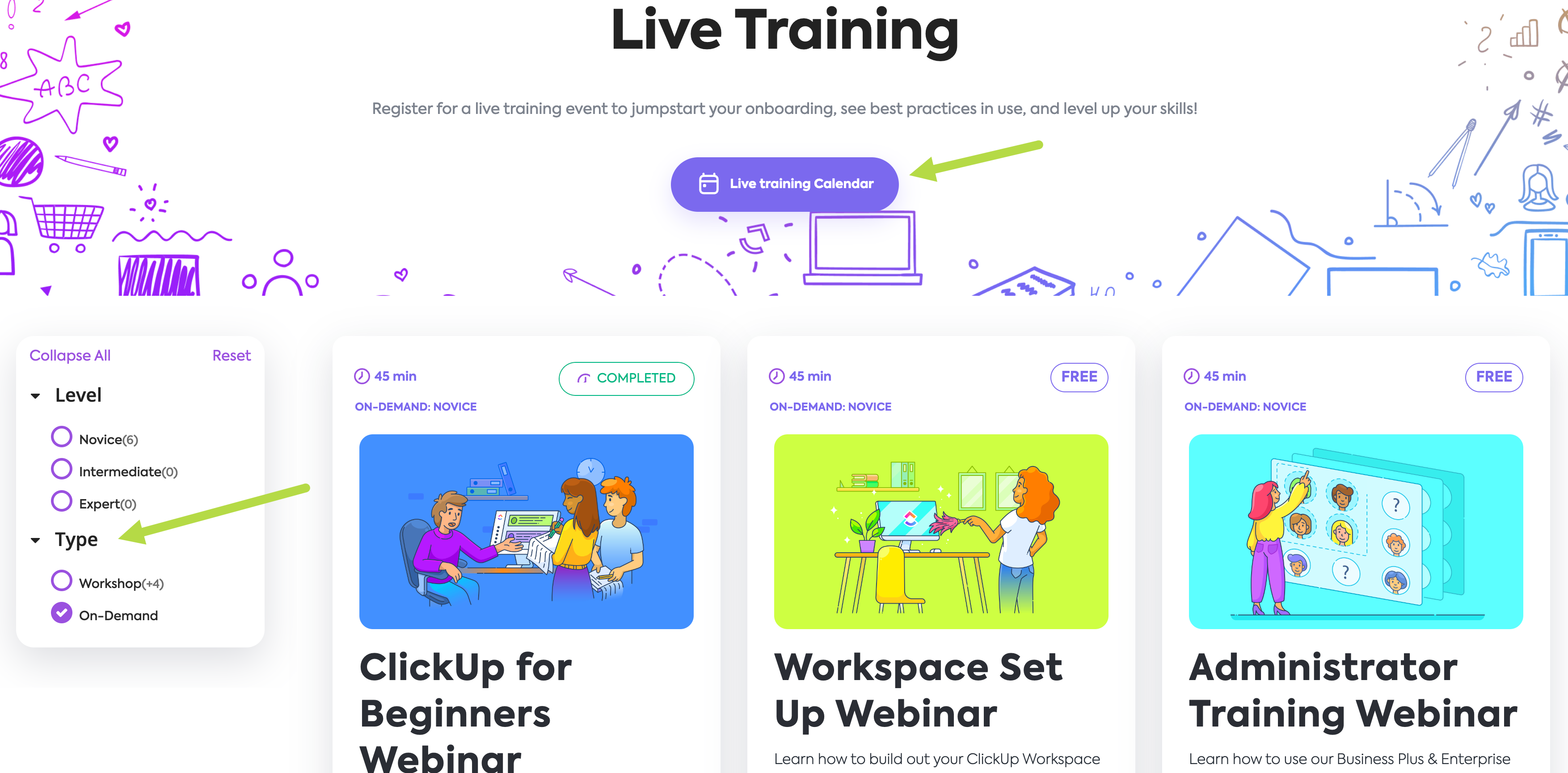 Screenshot showing the Live Training page, the Level and Type filter, and the Live training Calendar button.
