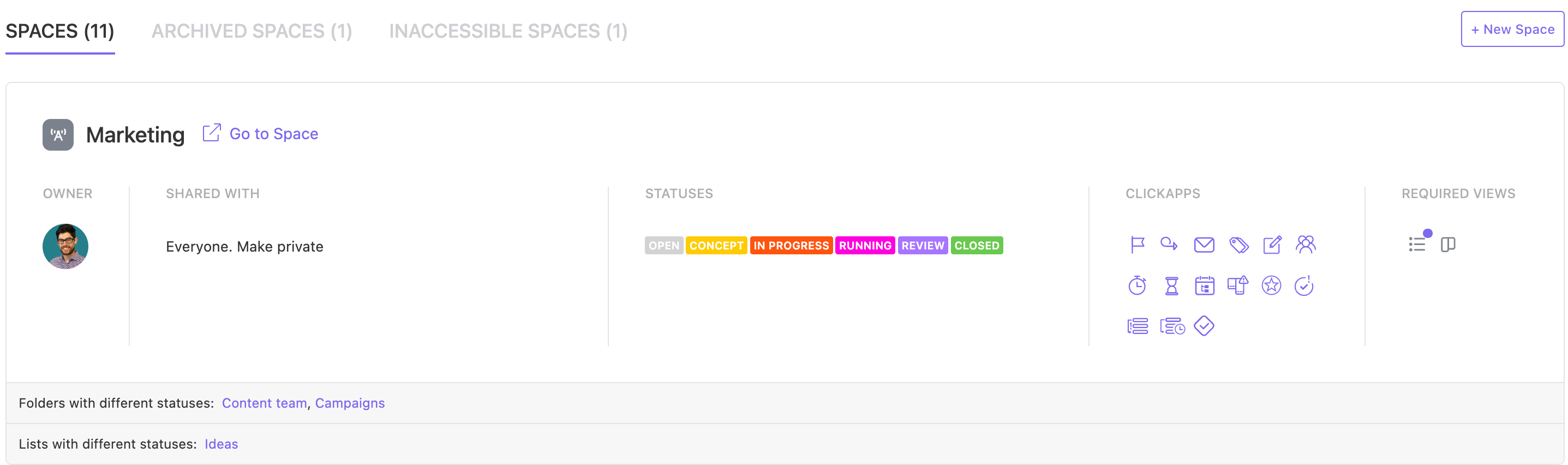 Screenshot of the Spaces page showing options to view and manage all of the Space in a Workspace.