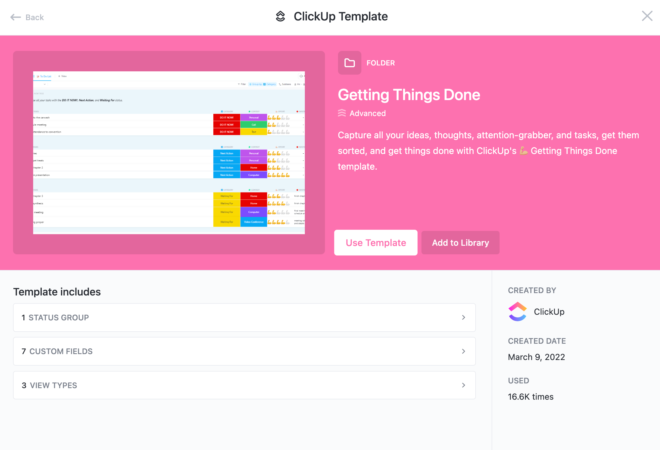 Screen shot of the Getting Things Done template in the ClickUp template center.
