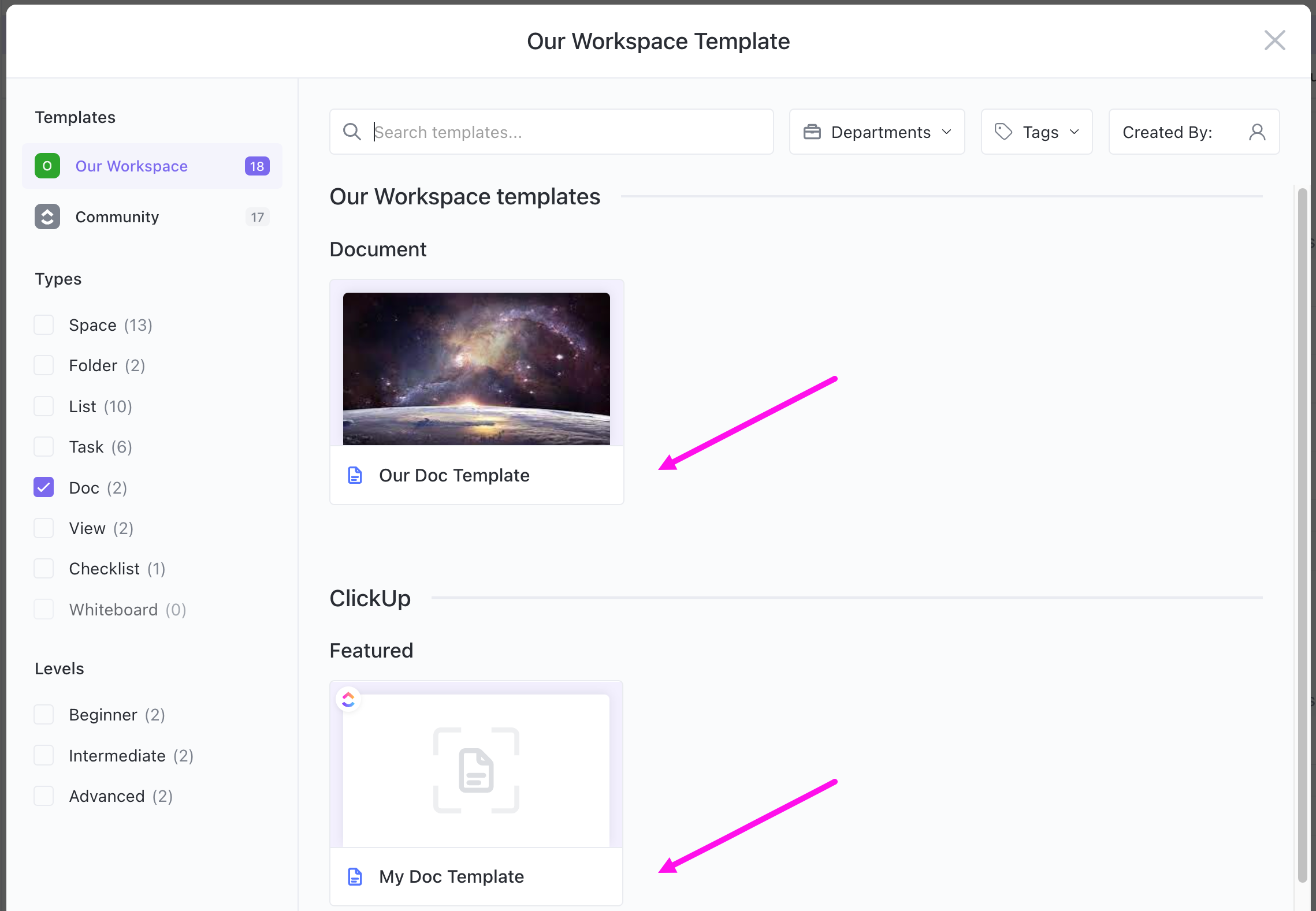 Screenshot showing that the template is now pinned to the top of your Template Center, and the original version is still available in the ClickUp Community section.