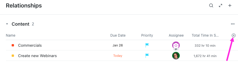 Screenshot of someone adding a relationship column to Task view 3.0.