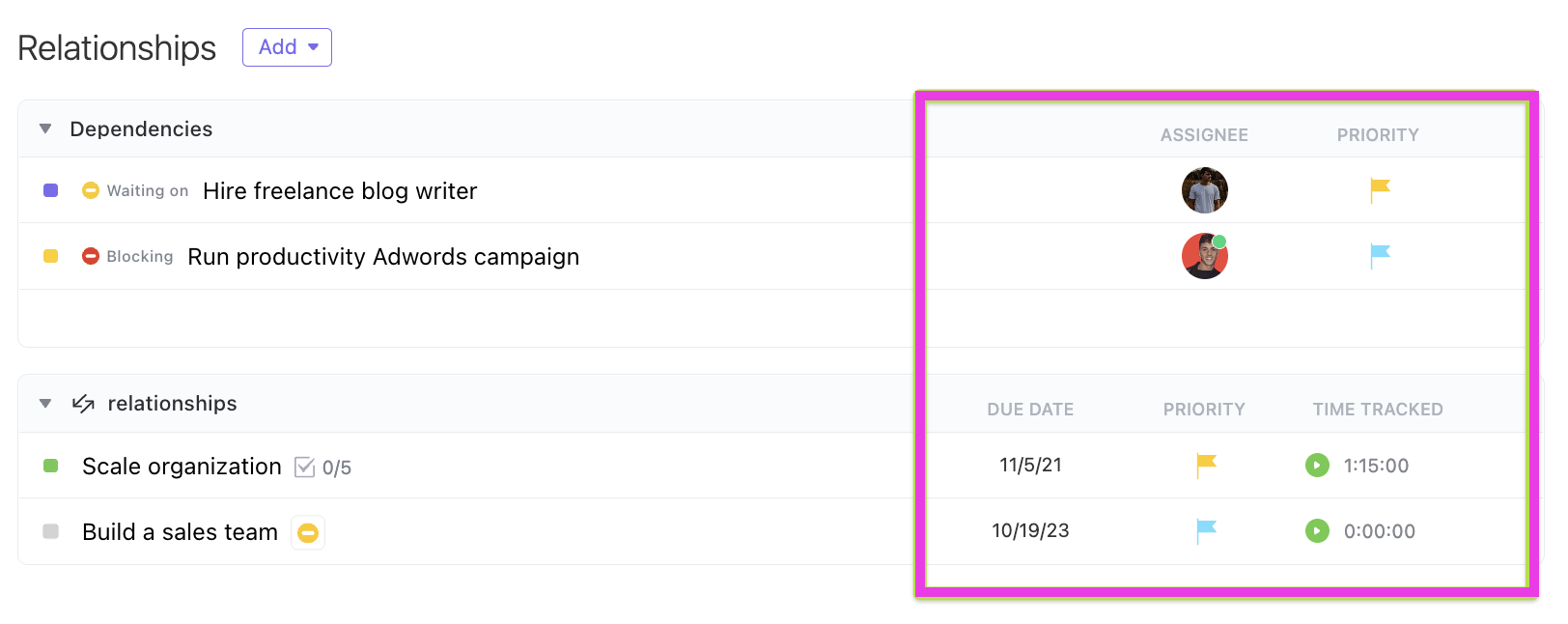 Screenshot of relationship table columns in Task view 2.0.