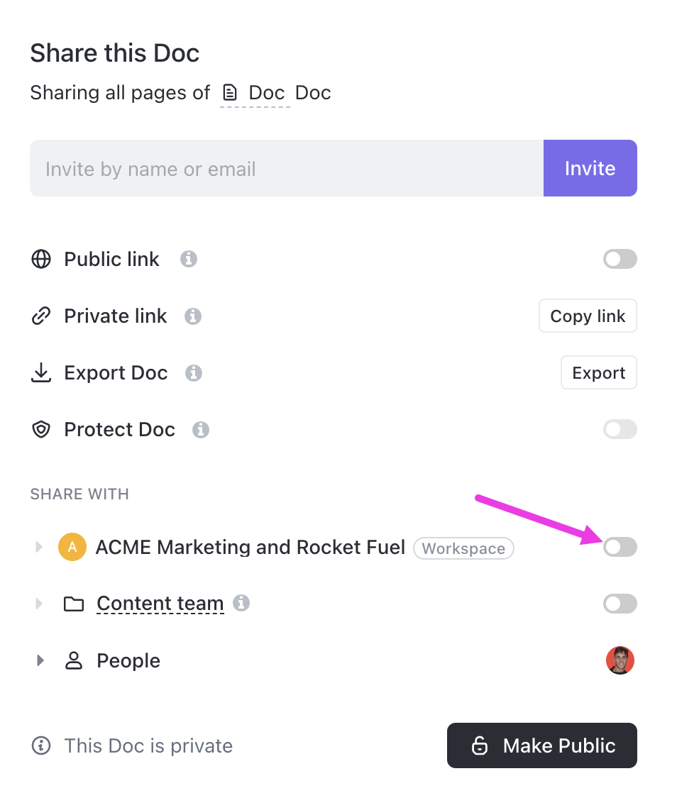 Screenshot of the Docs sharing modal highlighting the share with Workspace option.