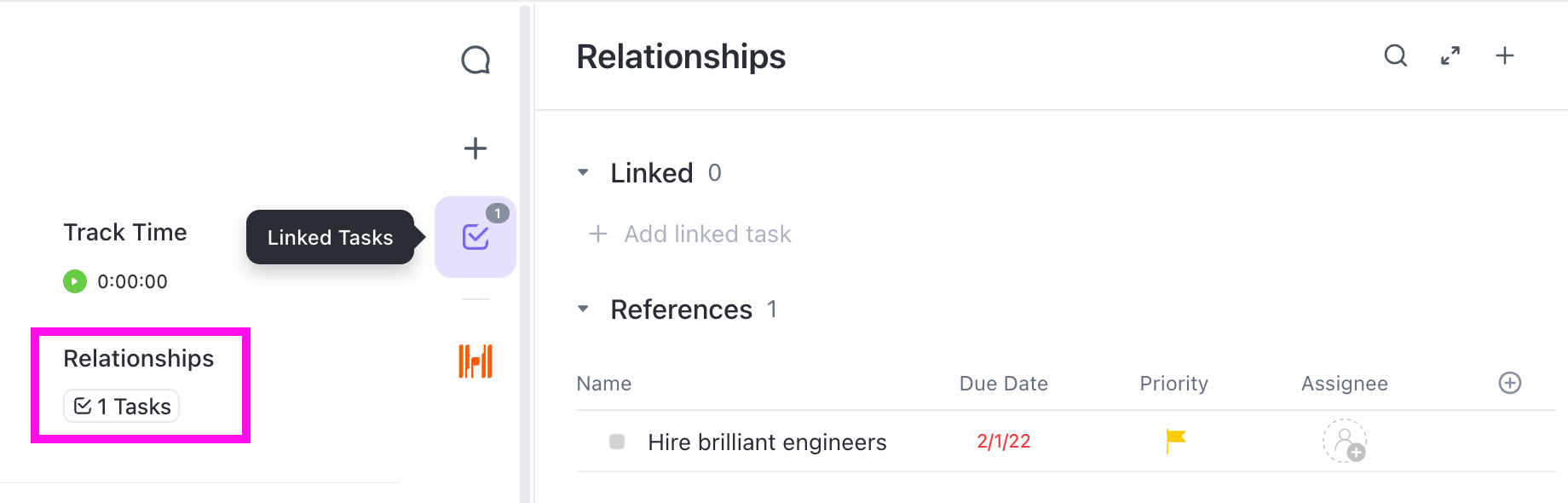 Screenshot of the Task Relationships tab on a task.