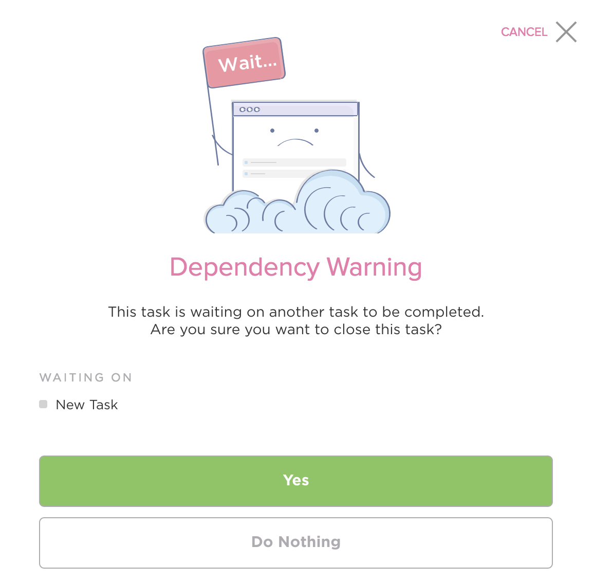 Screenshot of the dependency warning popup.
