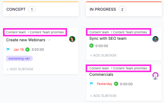 Screenshot highlighting the breadcrumbs section in Board view.