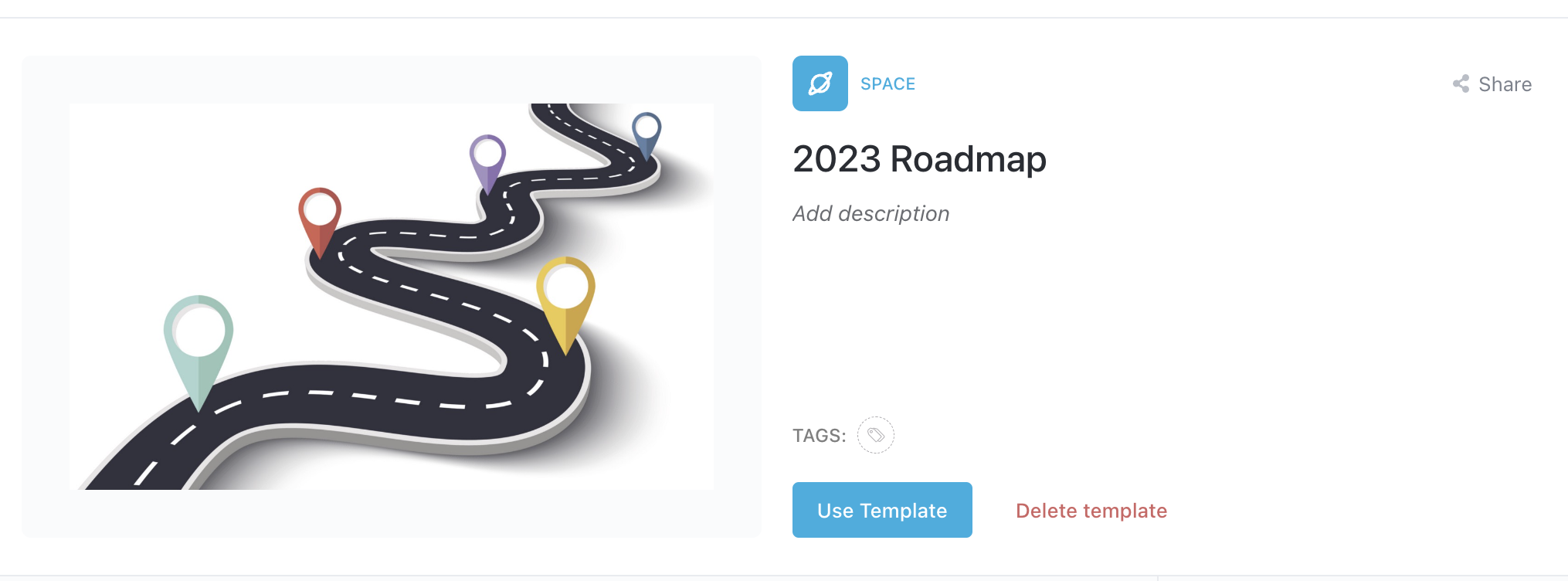 Screenshot of a template using an image of a road with milestone markers on a Roadmap Template.