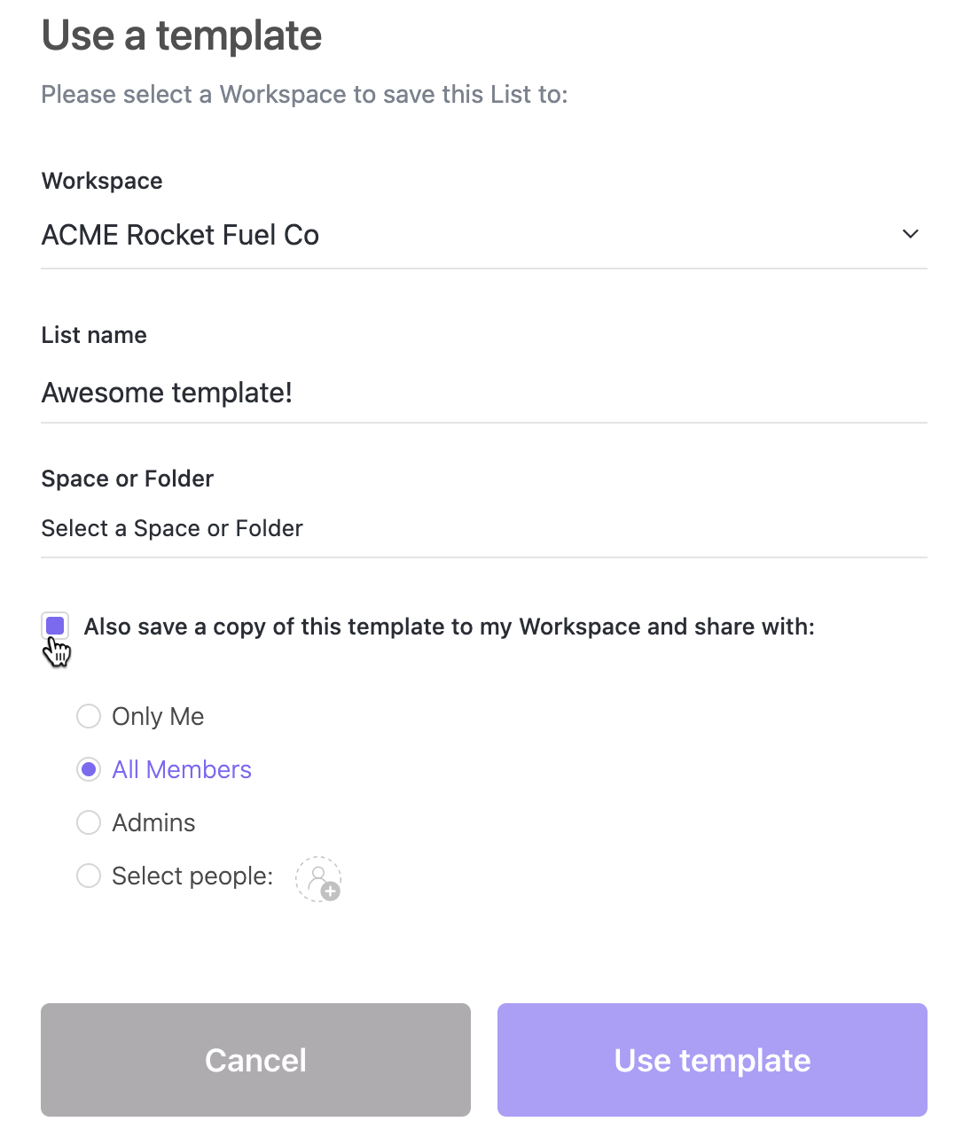 Screenshot of the Use a template modal open in their ClickUp Workspace.