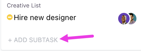 Screenshot of the + Add Subtask button at the bottom of a task card.