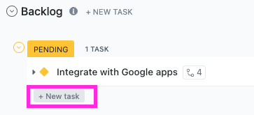 Screenshot of the new task button in List view.