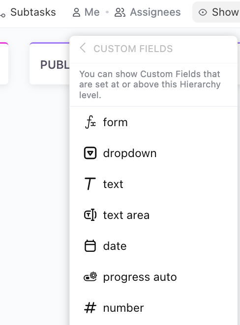 Screenshot of someone adding Custom Fields via Board view.