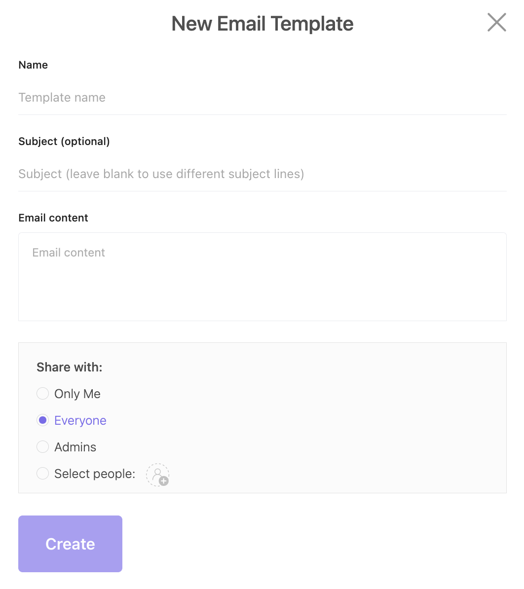 Screenshot of the New Email Template modal.