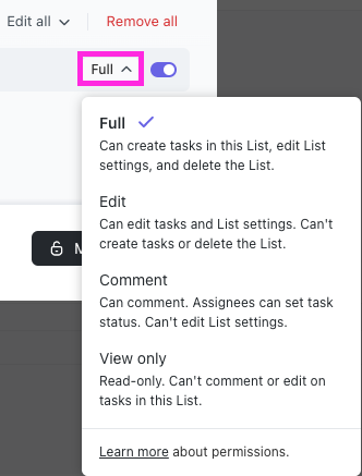 Screenshot of individual permission options when sharing a Folder or List.