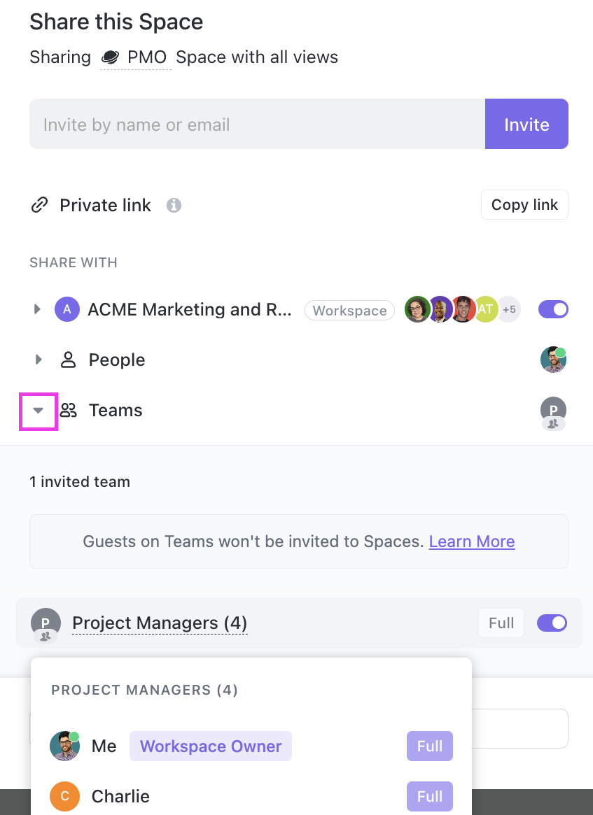 Screenshot of someone sharing a Space with a Team.