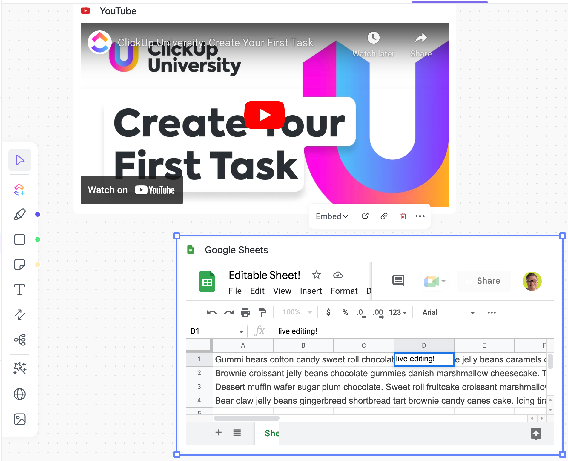 Screenshot showing a dynamic website card and an editable Google Sheet embedded into a Whiteboard.