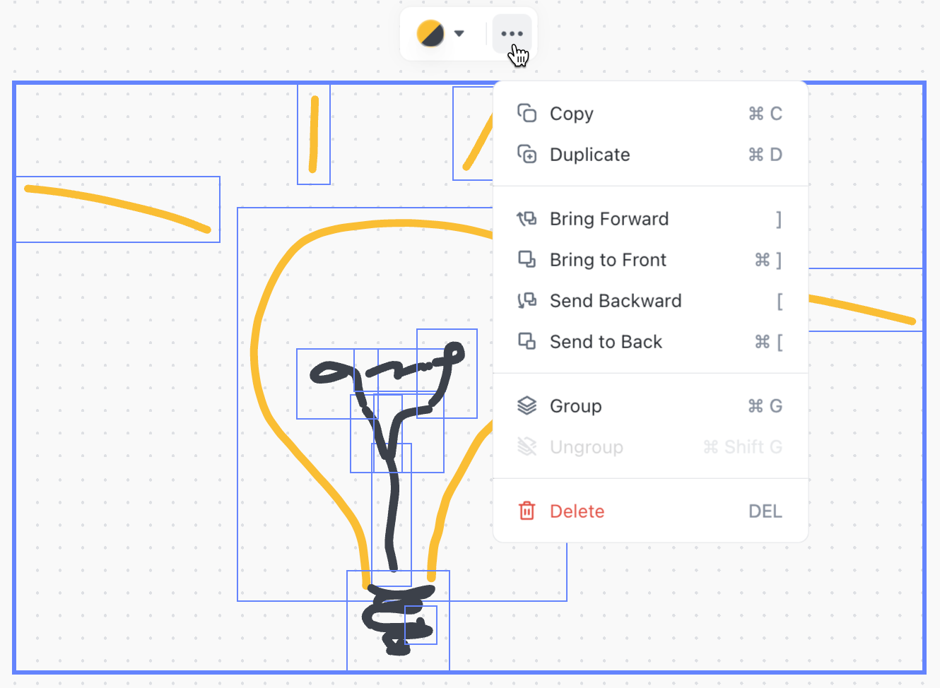 Screenshot of a drawing of a lightbulb. The ellipsis menu is expanded.