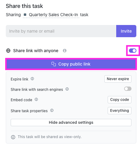 Screenshot of someone sharing a task via public link.