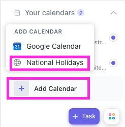 Screenshot of someone adding a National Holiday calendar to their ClickUp calendar.