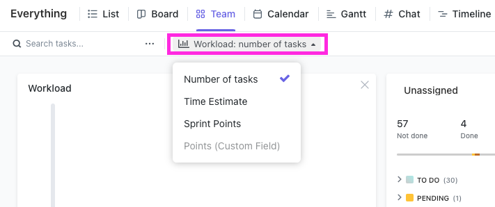 Screenshot highlighting the se the Workload dropdown in Team view.