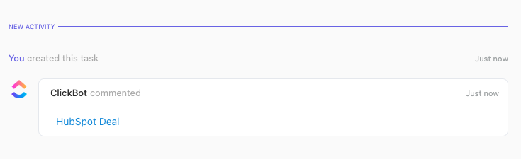 Screenshot of ClickBot leaving a task comment with the HubSpot link via Automation.