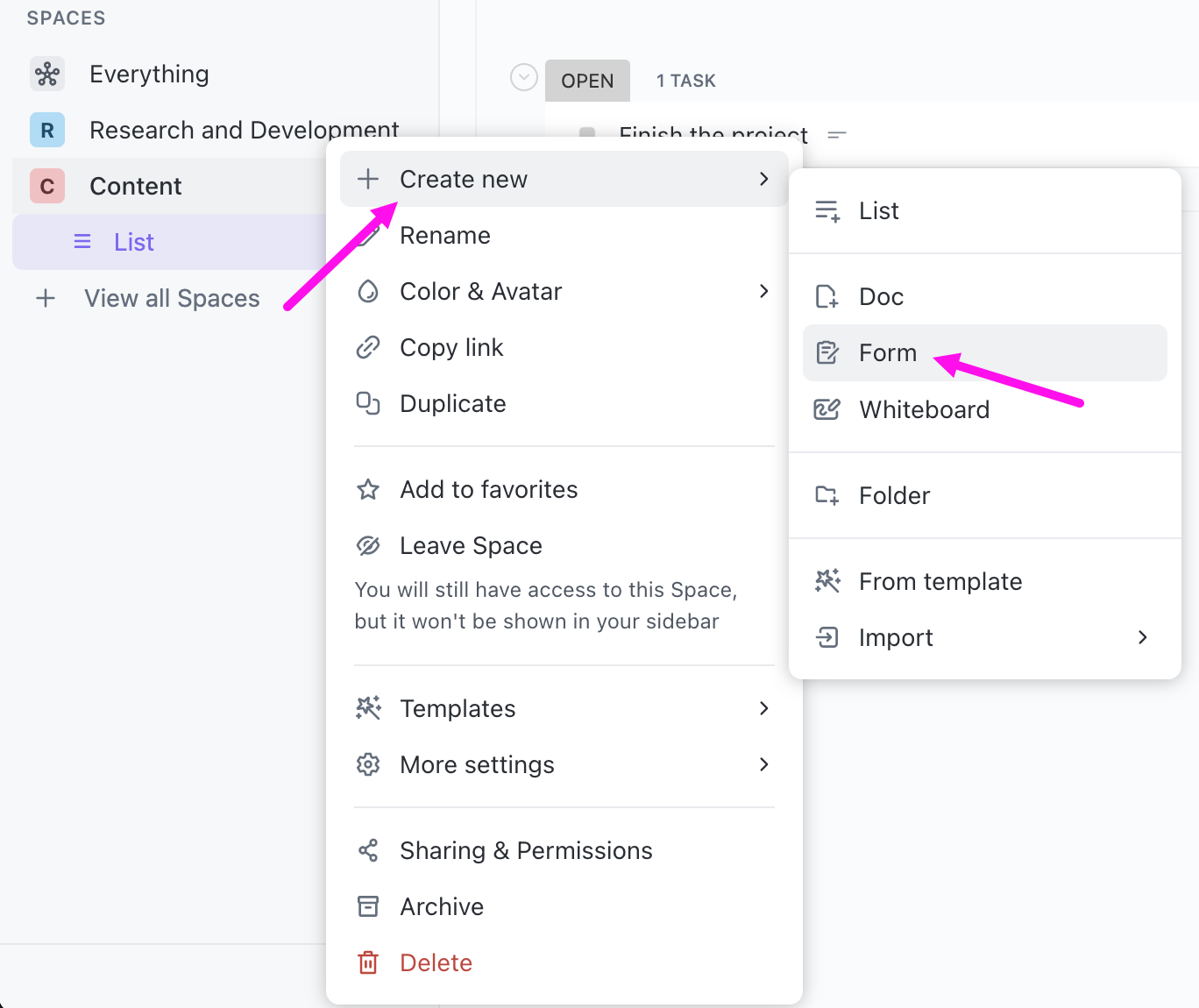 Screenshot showing the steps to create a new Form view from the Sidebar