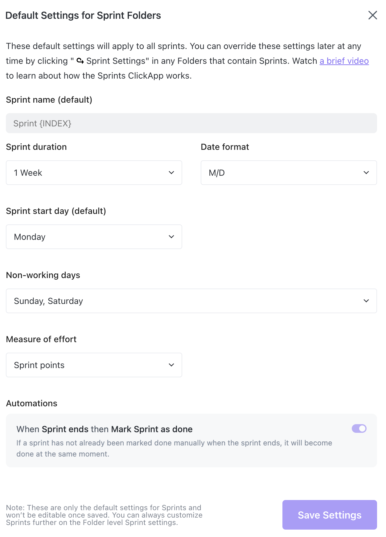 Screenshot of the Default Settings for Sprint Folders modal showing all of the optional settings explained in the text below.