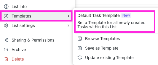 Screenshot of the default task template option in the Sidebar.