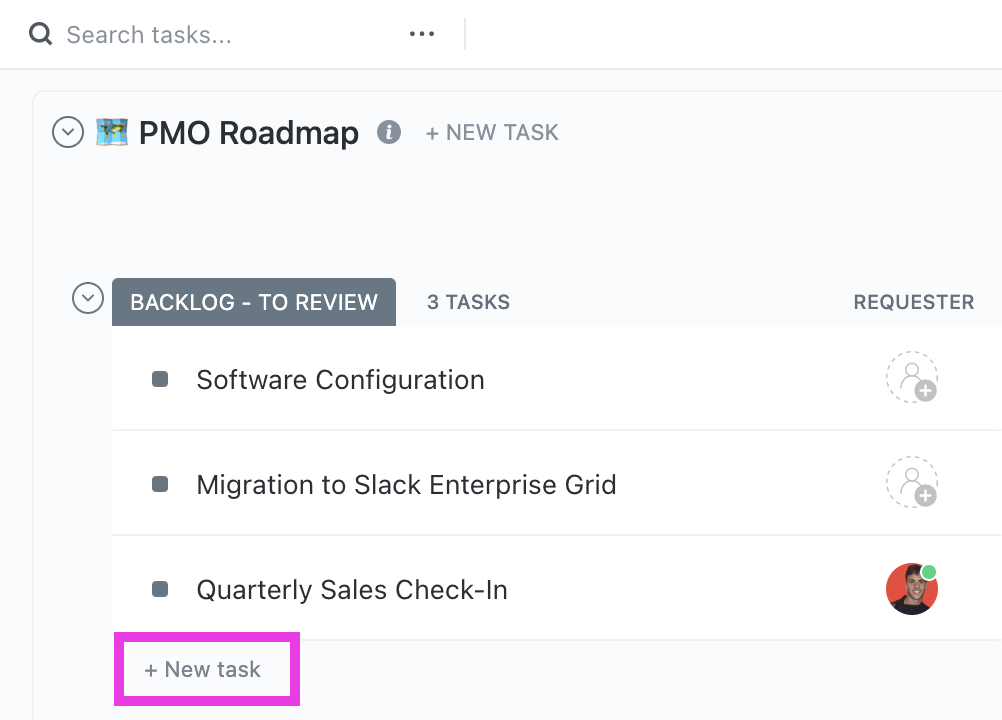 Captura de pantalla de la opción crear tarea en la vista Lista.