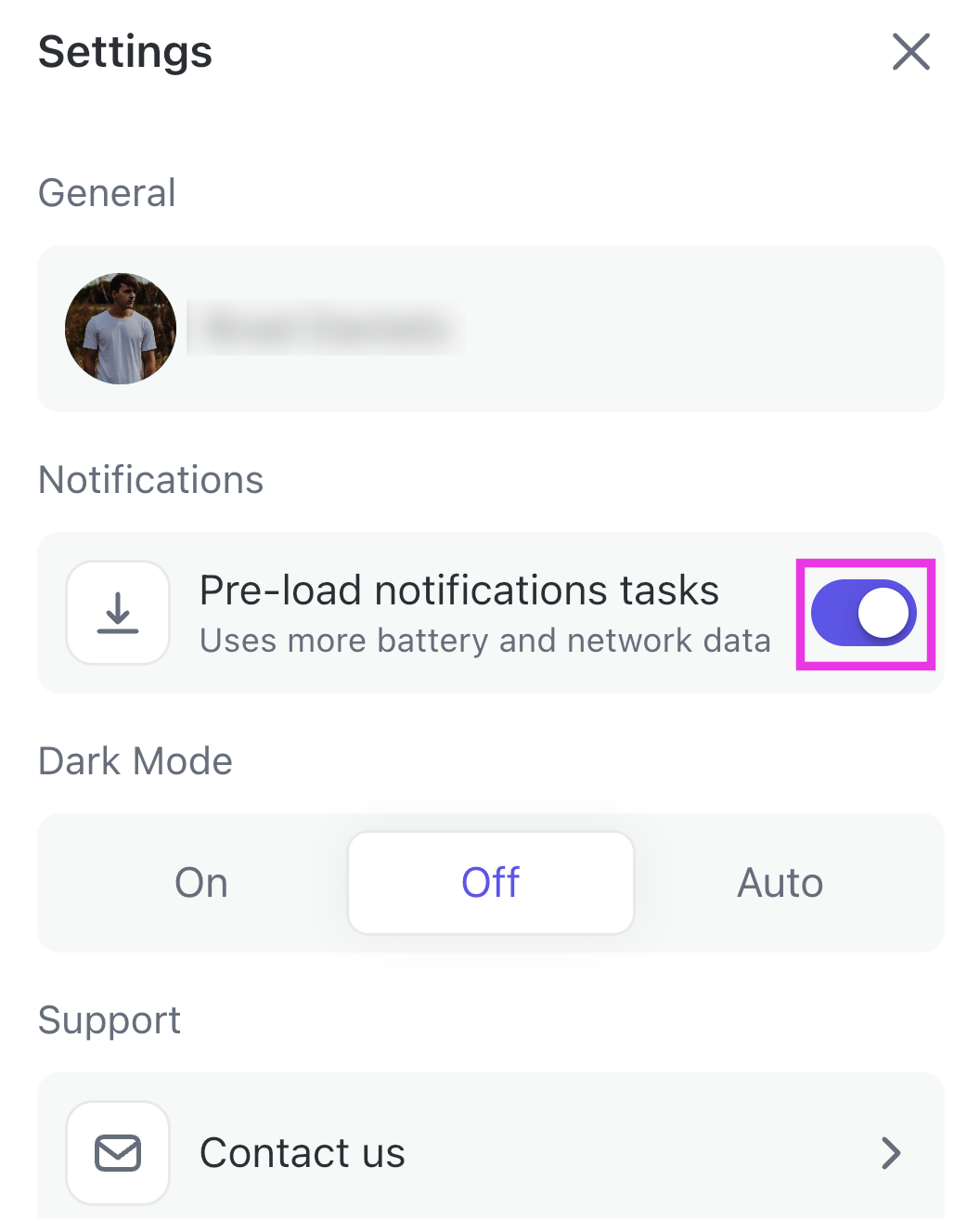 Screenshot of the 'Pre-load notifications tasks' option in mobile settings.