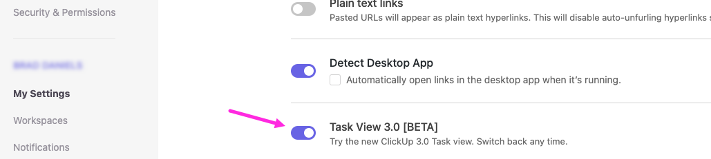 Screenshot showing how to enable or disable Task view 3.0.