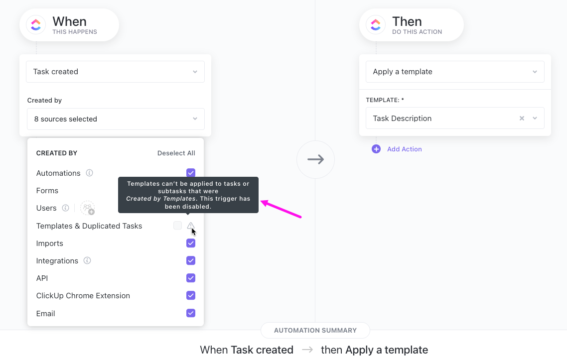 Screenshot of an Automation that shows tasks created via template cannot be used as a trigger when creating an Automation that applies a template.