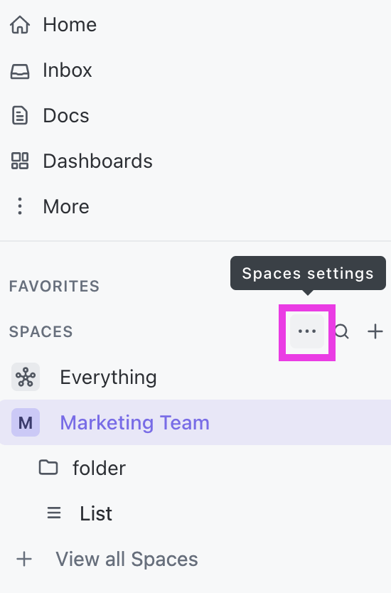 Screenshot highlighting the 'Spaces settings' option in the Sidebar.