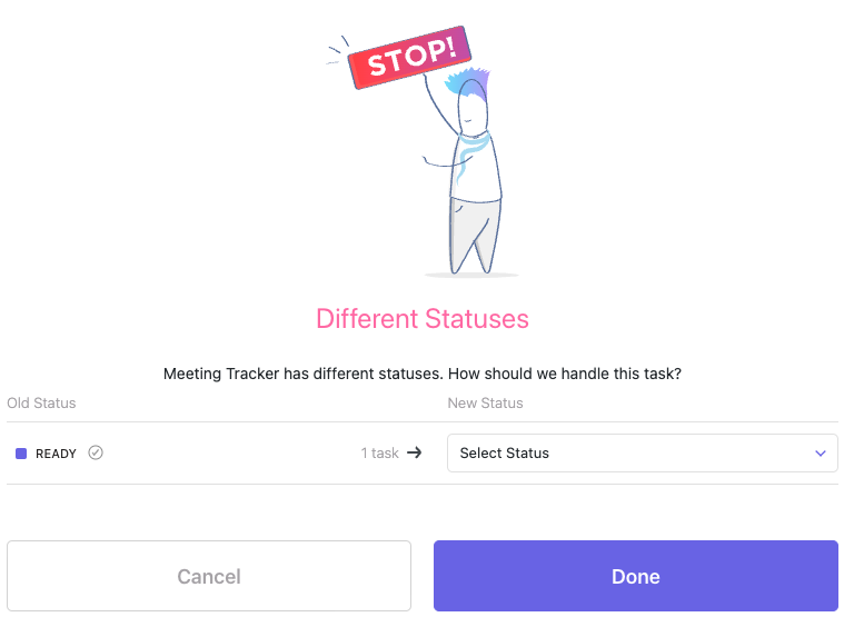 Screenshot of the modal that displays when you must select a new status for a task you're moving.