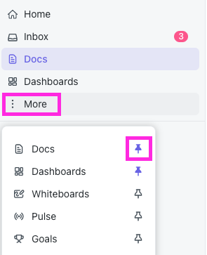Screenshot highlighting the pin icon for Docs Hub in the Sidebar.