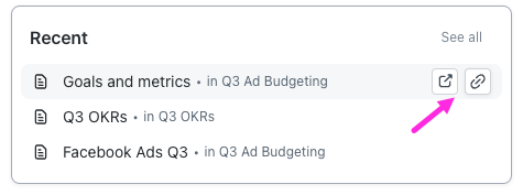 Screenshot highlighting the 'open in new tab' and 'copy link' options when hovering over a Doc in Docs Hub.