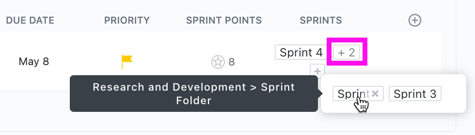 Screenshot shwing how to see all of the Sprints a task is in from the Sprint Column.